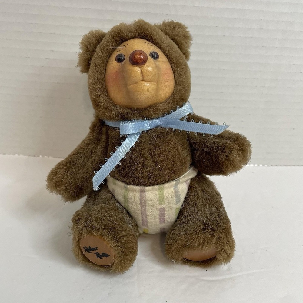 Carved Wood Face Vintage Raikes 1990 Plush Teddy Bear Feet Signed  Jointed 7"